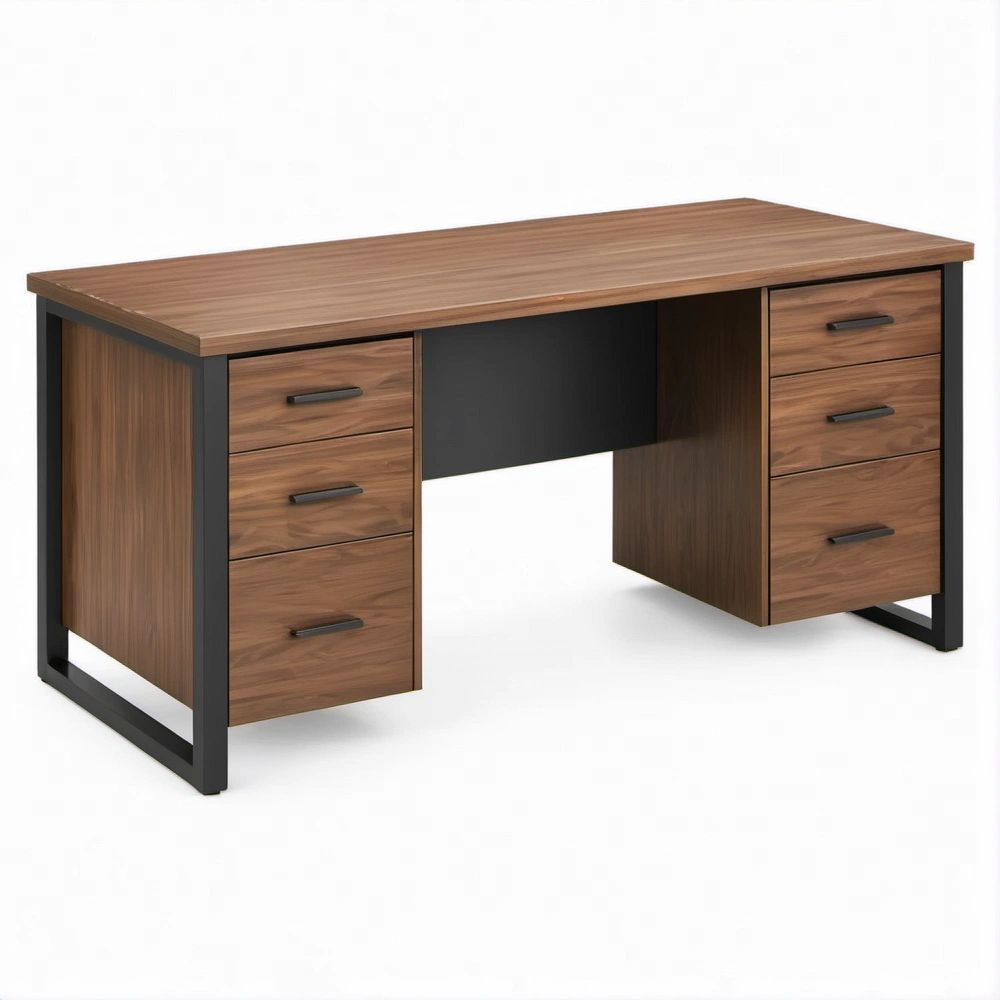 Schreibtisch in Nussbaumoptik und Schwarz, 140 x 60 x 75 cm, mit 6 Schubladen