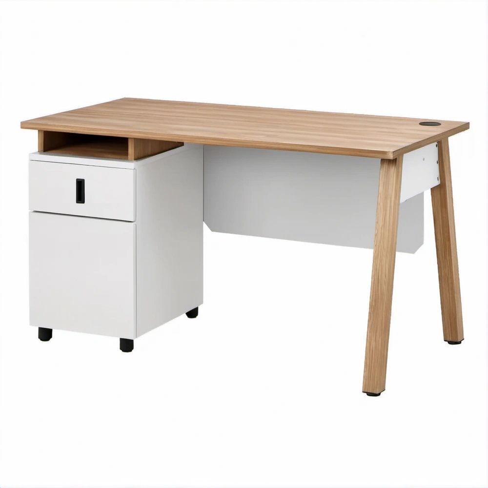 Schreibtisch 120 x 60 x 75 cm mit Schublade, offenem Fach und Kabeldurchlass in Weiß/Eiche