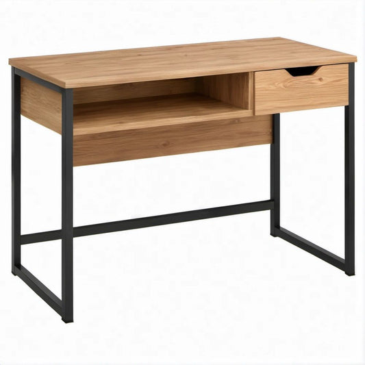 Schreibtisch in Eichenoptik und Schwarz, 100 x 50 x 75 cm, mit Schublade und Ablagefach