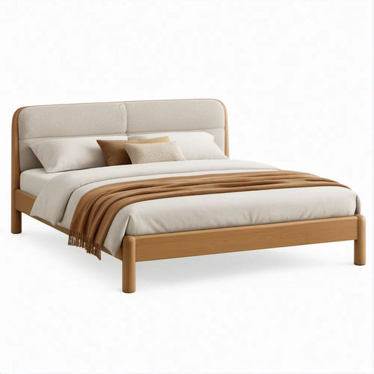 Doppelbett 180 x 200 cm mit gepolstertem Kopfteil aus Naturholz und Beige