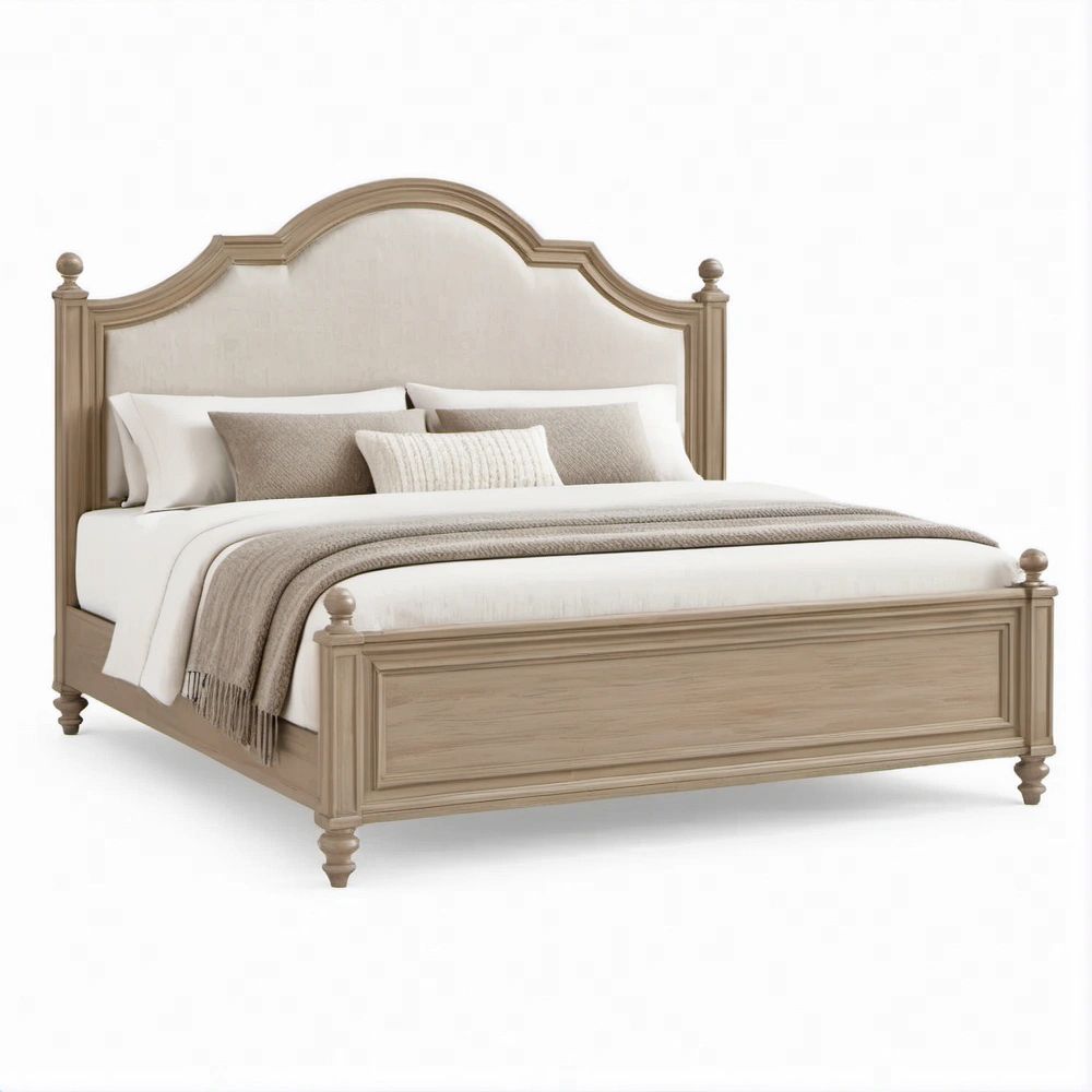 Doppelbett aus Massivholz und MDF mit gepolstertem Kopfteil, 180 x 200 cm, Greige/Beige