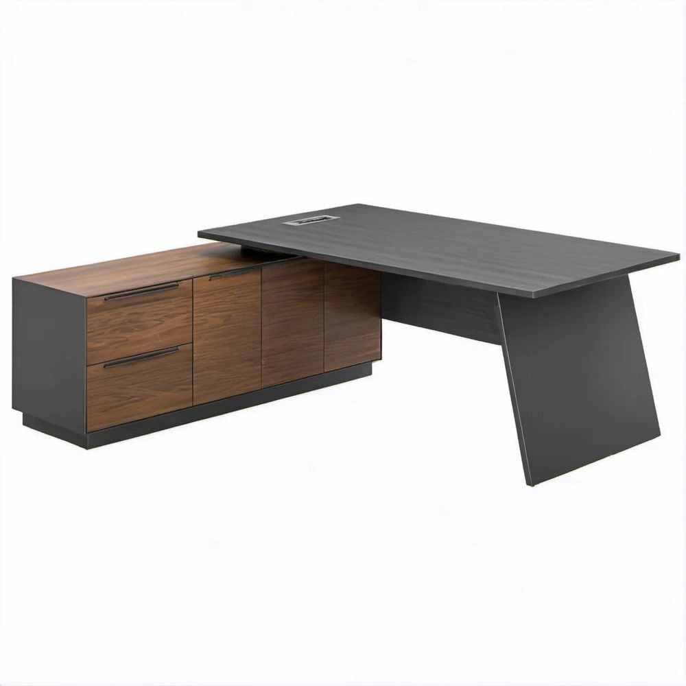 Chefschreibtisch in L-Form mit Sideboard, Anthrazit/Walnussbraun, 200 x 180 x 75 cm