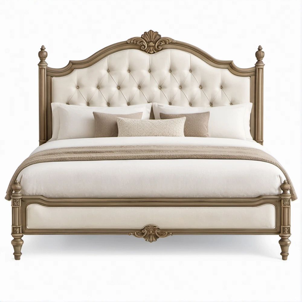 Klassisches Polster-Doppelbett 180 x 200 cm, 198 x 218 x 160 cm, Cremebeige/Antikbronze