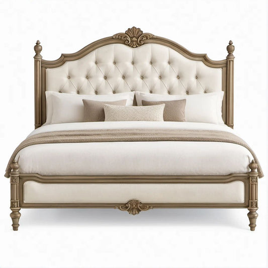 Klassisches Polster-Doppelbett 180 x 200 cm, 198 x 218 x 160 cm, Cremebeige/Antikbronze