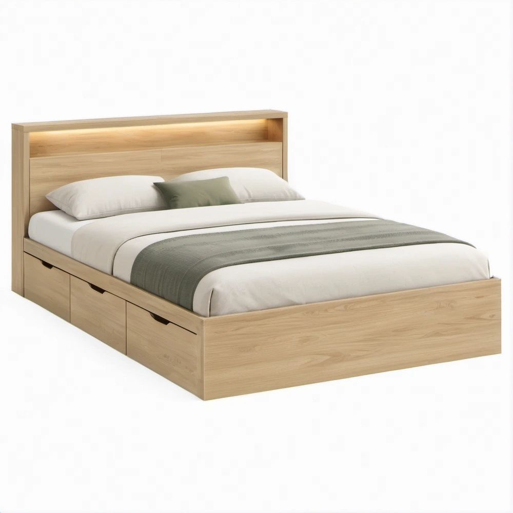 Doppelbett 180 x 200 cm mit 3 Stauraumschubladen und beleuchtetem Kopfteil, Natureiche