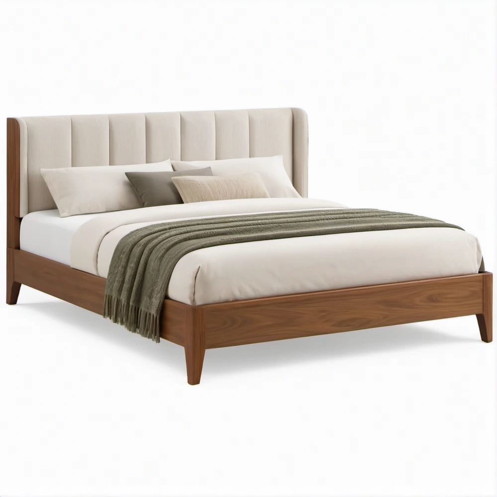 Doppelbett 180 x 200 cm mit gepolstertem Kopfteil in Beige und Walnussbraun