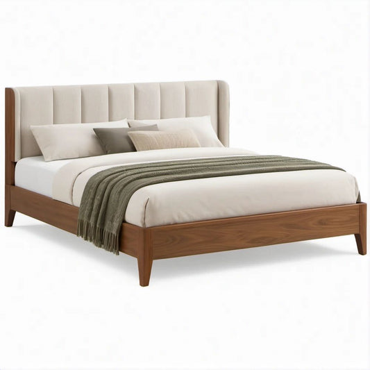 Doppelbett 180 x 200 cm mit gepolstertem Kopfteil in Beige und Walnussbraun