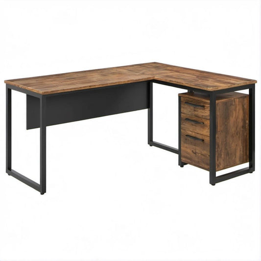 Eckschreibtisch in L-Form 150 x 120 x 75 cm Braun/Schwarz mit 3 Schubladen