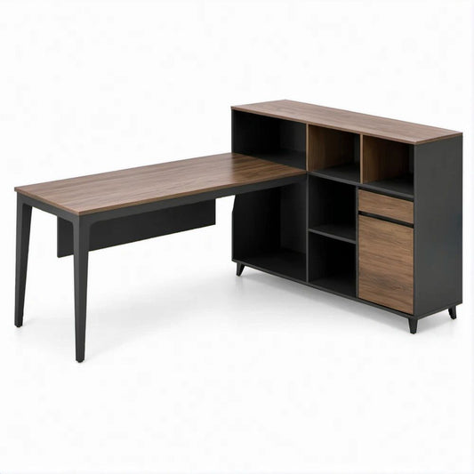 Winkelschreibtisch mit Stauraum, Walnussbraun/Schwarz, 160 x 120 x 108 cm