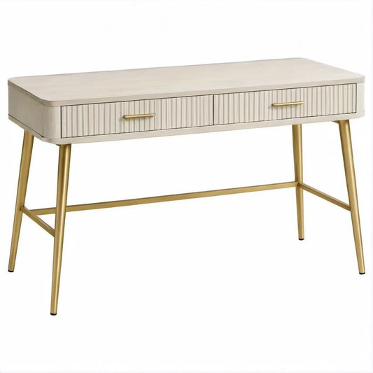Rechteckiger Schreibtisch mit 2 Schubladen, Cremeweiß/Gold, 120 x 60 x 76 cm
