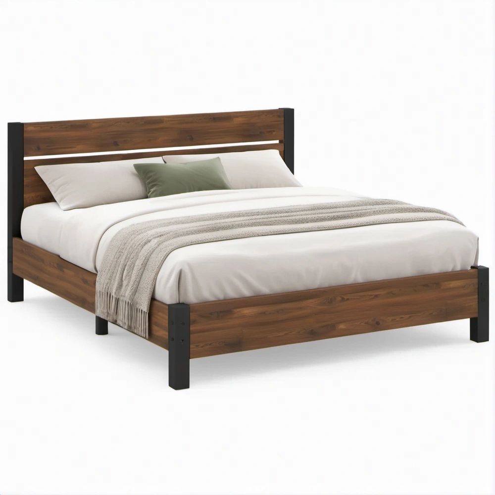 Doppelbett aus massivem Kiefernholz und Stahl, Braun/Schwarz, 160 x 200 cm